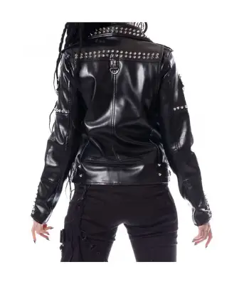 EMO Punk Women Biker Studded Gothic Black Leather Jacket