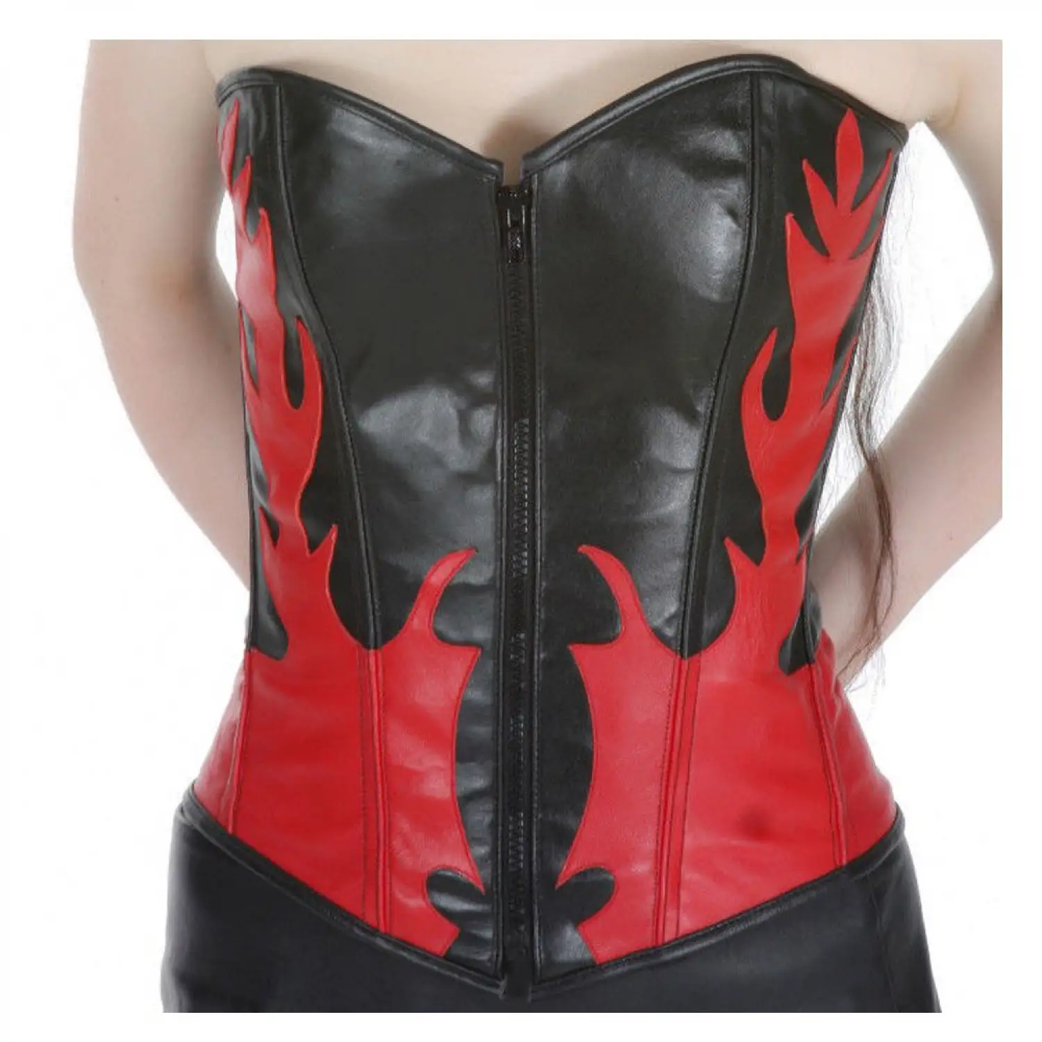 Gothic Temptation Overbust Corset: Black Real Leather Flame Corset