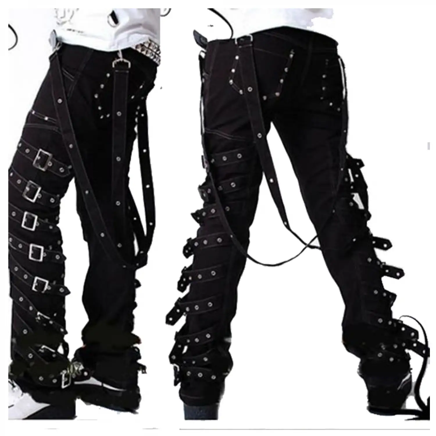 Punk Rock Buckle Straps Pant Men | Black Slim Fit Gothic Pants