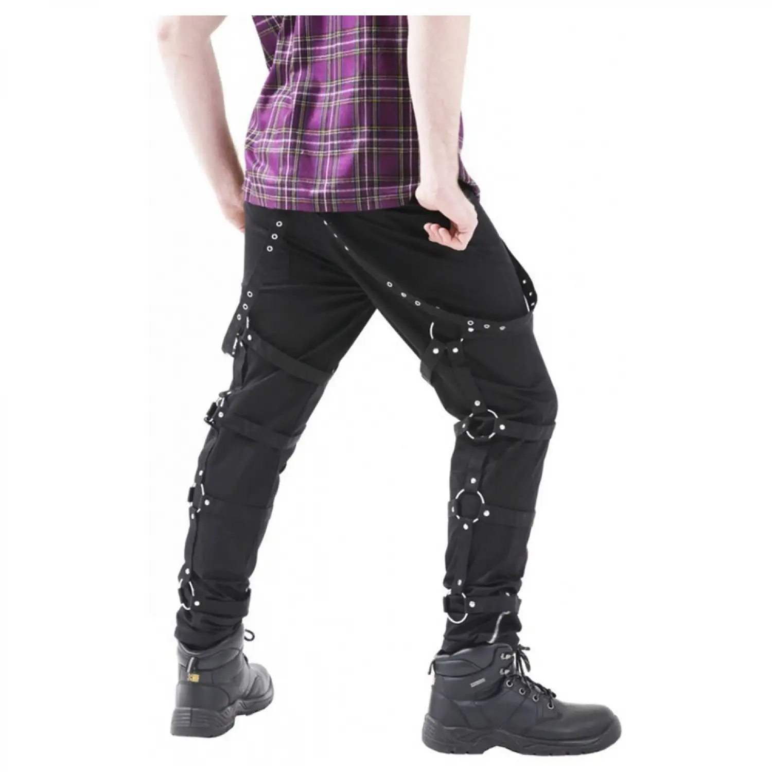 Black men's studded bondage trousers with gothic straps and metal accents.