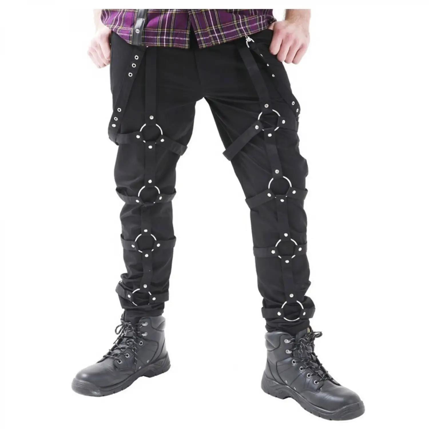 Black men's studded bondage trousers with gothic straps and metal accents.