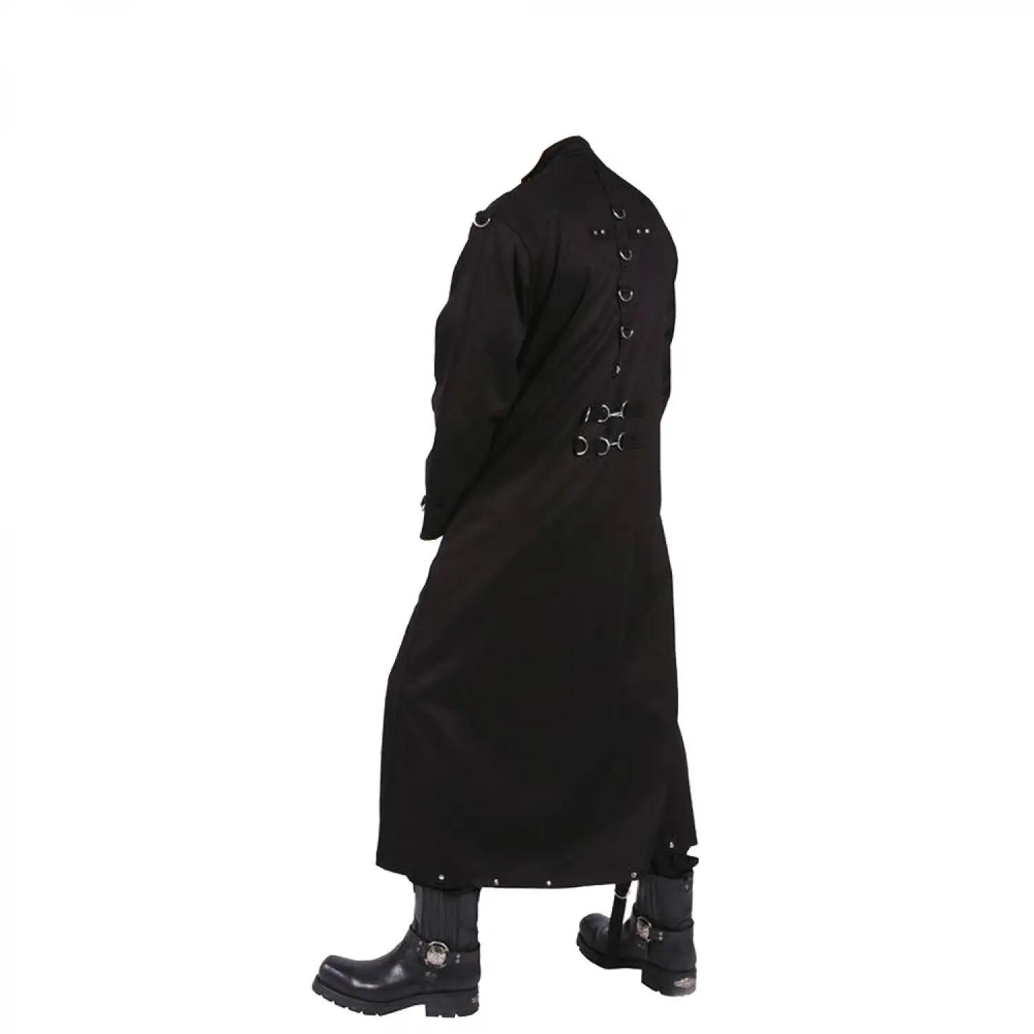 EMO Punk Black Cotton Trench Long Coat | Gothic Full Length D-ring Coat