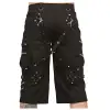 Techno Black Cargo Shorts | Punk Rock Metallic Decorations Belted Shorts