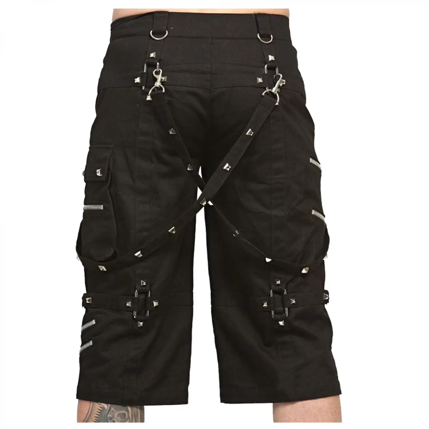 Techno Black Cargo Shorts | Punk Rock Metallic Decorations Belted Shorts