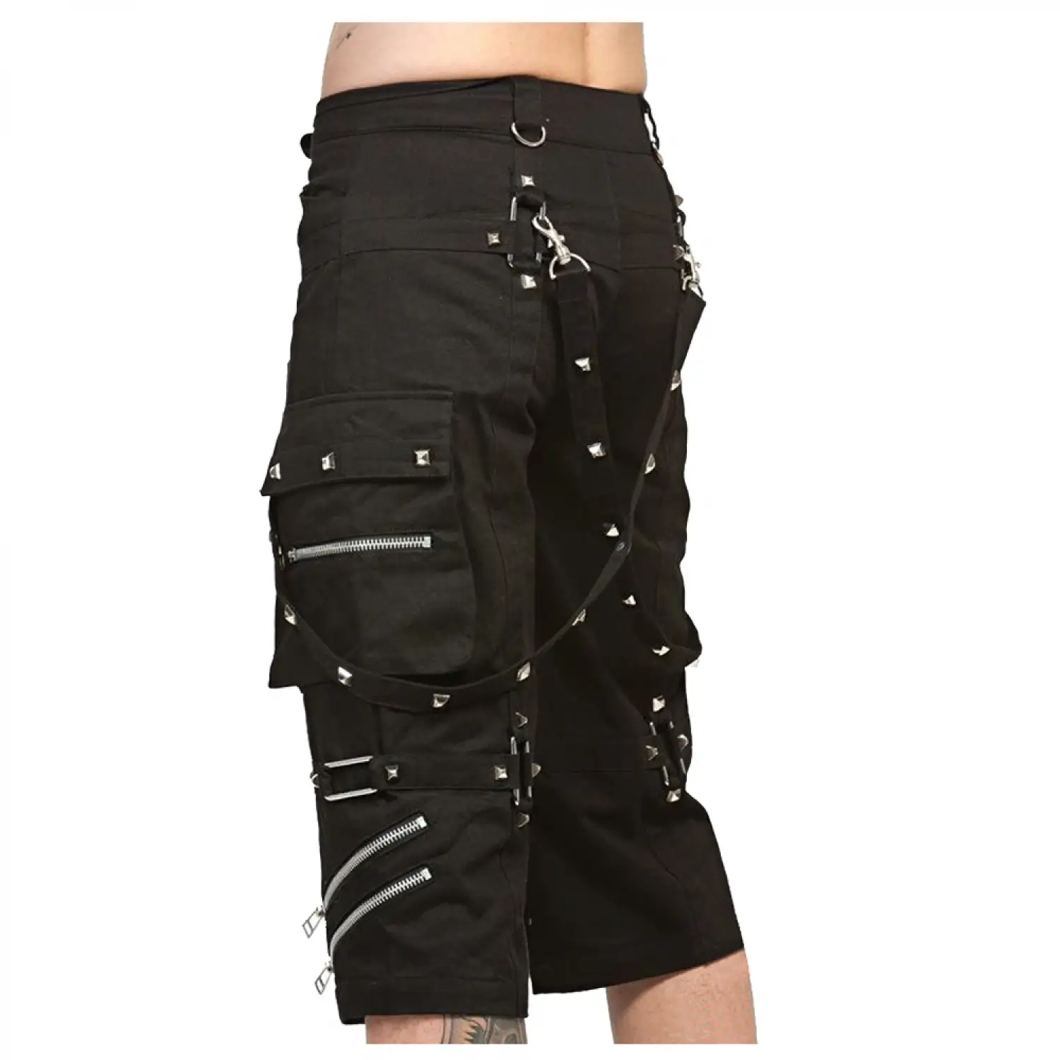 Techno Black Cargo Shorts | Punk Rock Metallic Decorations Belted Shorts
