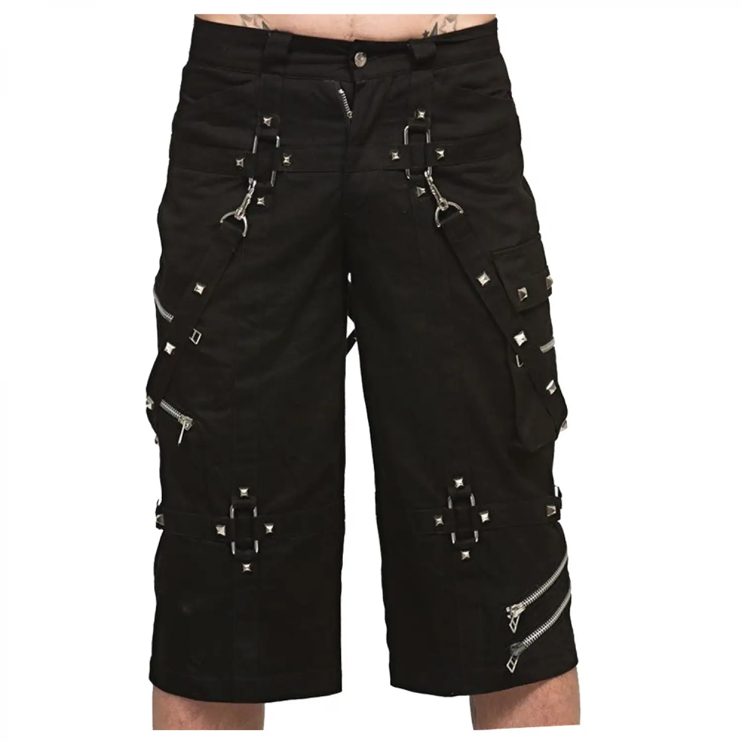 Techno Black Cargo Shorts | Punk Rock Metallic Decorations Belted Shorts