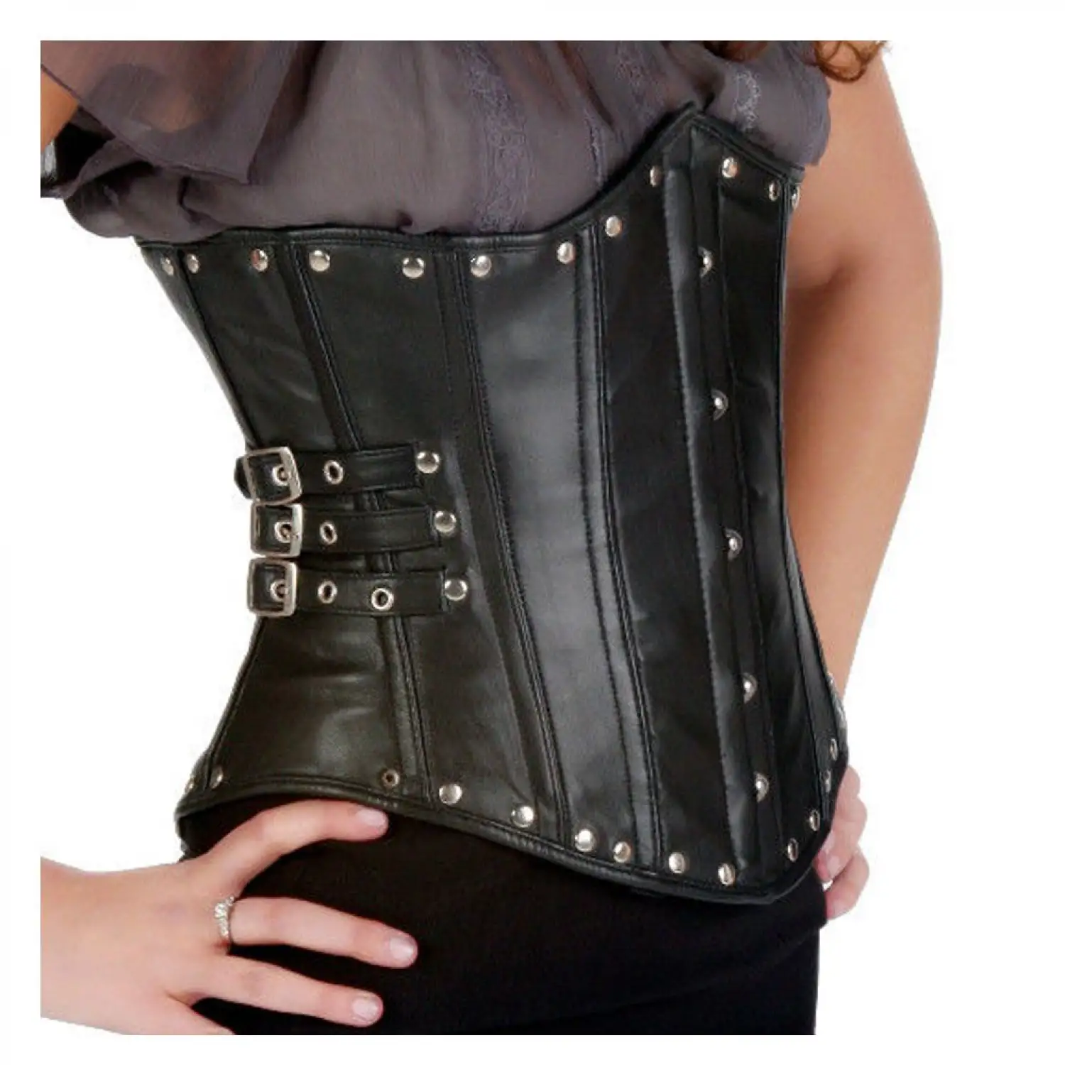 Women Gothic Underbust Corset: Fetish Buckle Straps Real Leather