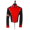 Men's red and black military tunic with gold buttons and high collar