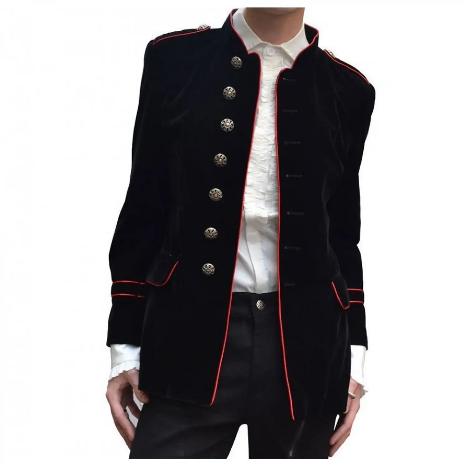 Steampunk Military Style Cotton Coat | Black Velvet Red Pipping Gothic Jacket Steampunk Military Style Cotton Coat | Black Velvet Red Pipping Gothic Jacket