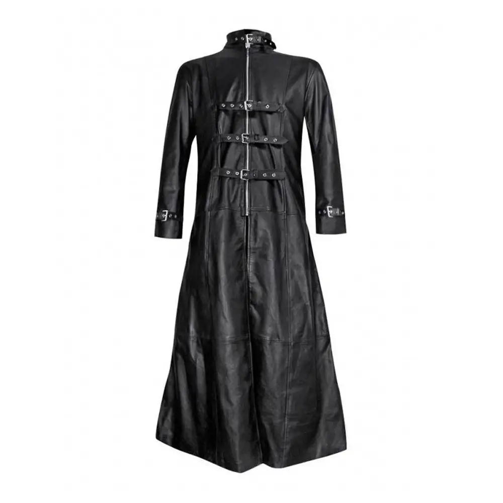 Black Genuine Leather Bondage Long Coat | Men Buckle Fastenings Gothic Coat