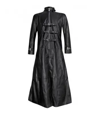 Black Genuine Leather Bondage Long Coat | Men Buckle Fastenings Gothic Coat