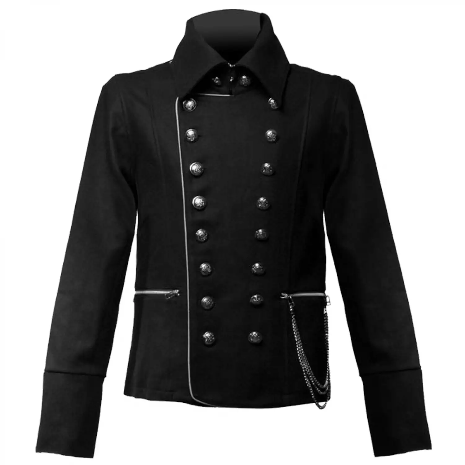 Men's black military tunic jacket with asymmetric zip fastening and silver buttons