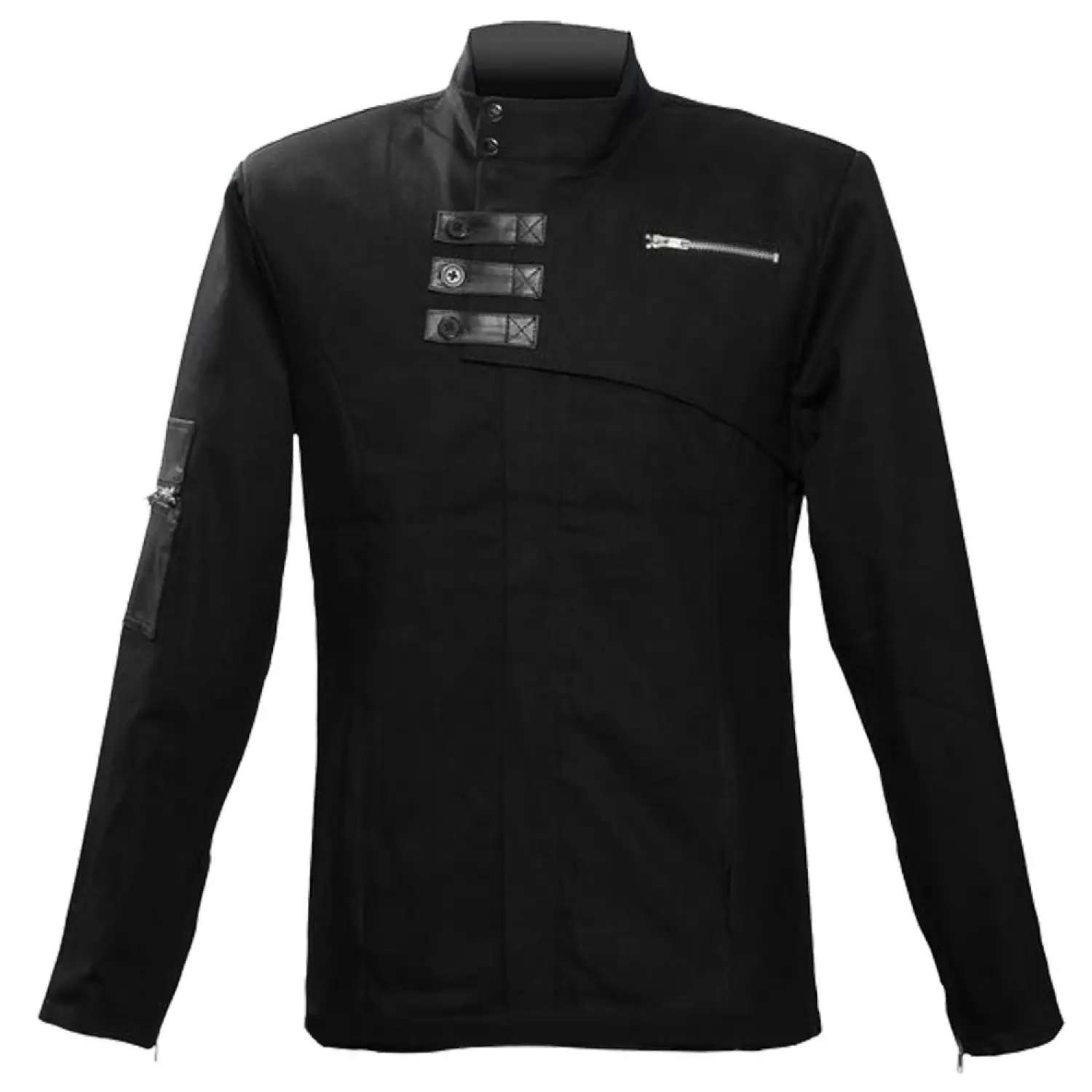 Black long-sleeve cyberpunk shirt with a high neck and buckle strap details