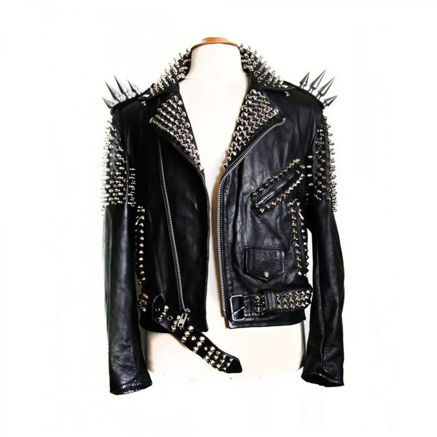 Women Long Spikes Genuine Leather Studded Biker Jacket