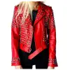 Red Studded Biker Leather Jacket | Punk Women Gothic Jacket