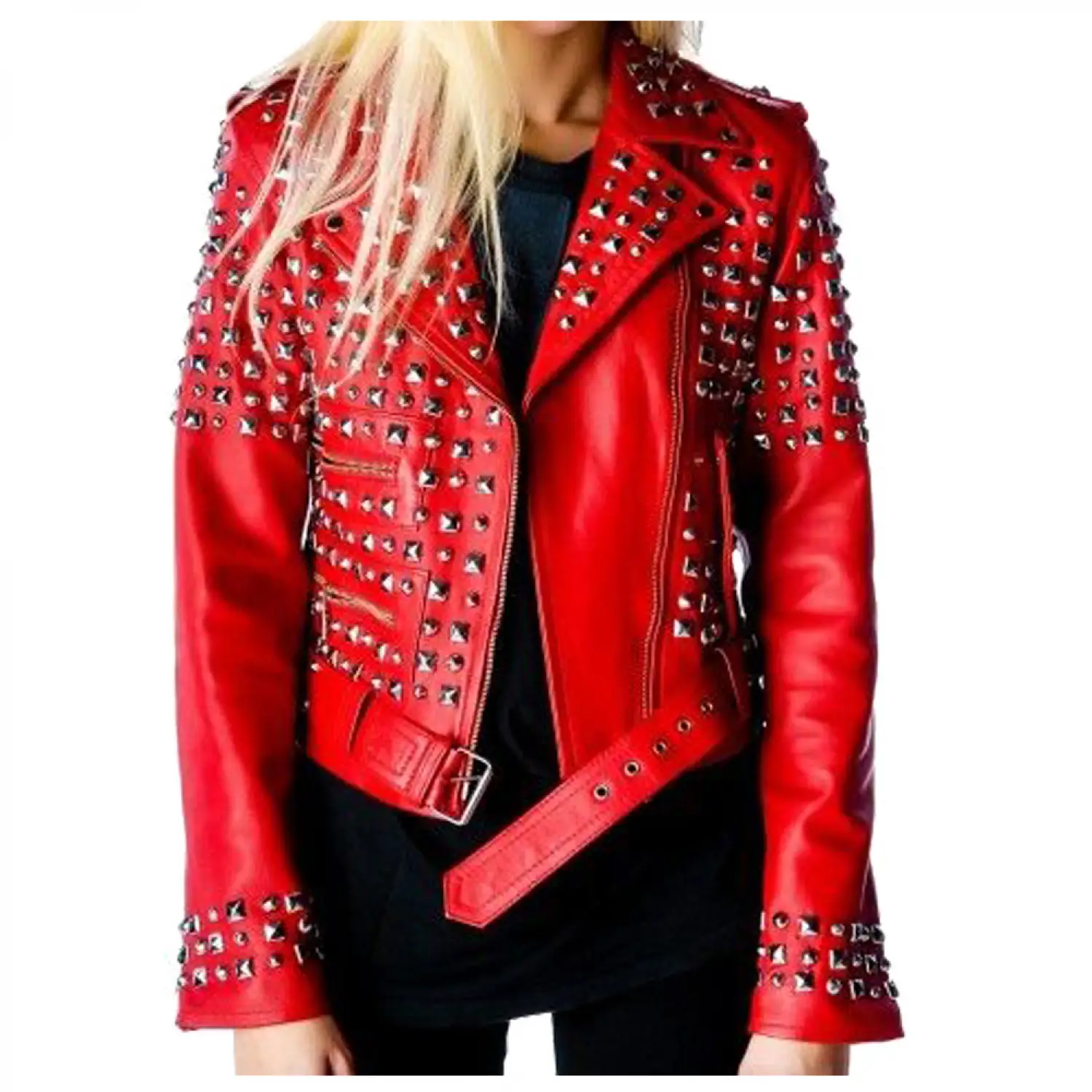 Red Studded Biker Leather Jacket | Punk Women Gothic Jacket