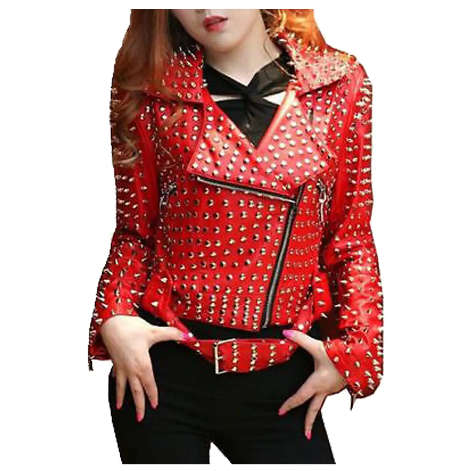 Women Spikes Studded Genuine Red Leather Biker Jacket | Punk Women Goth Jacket