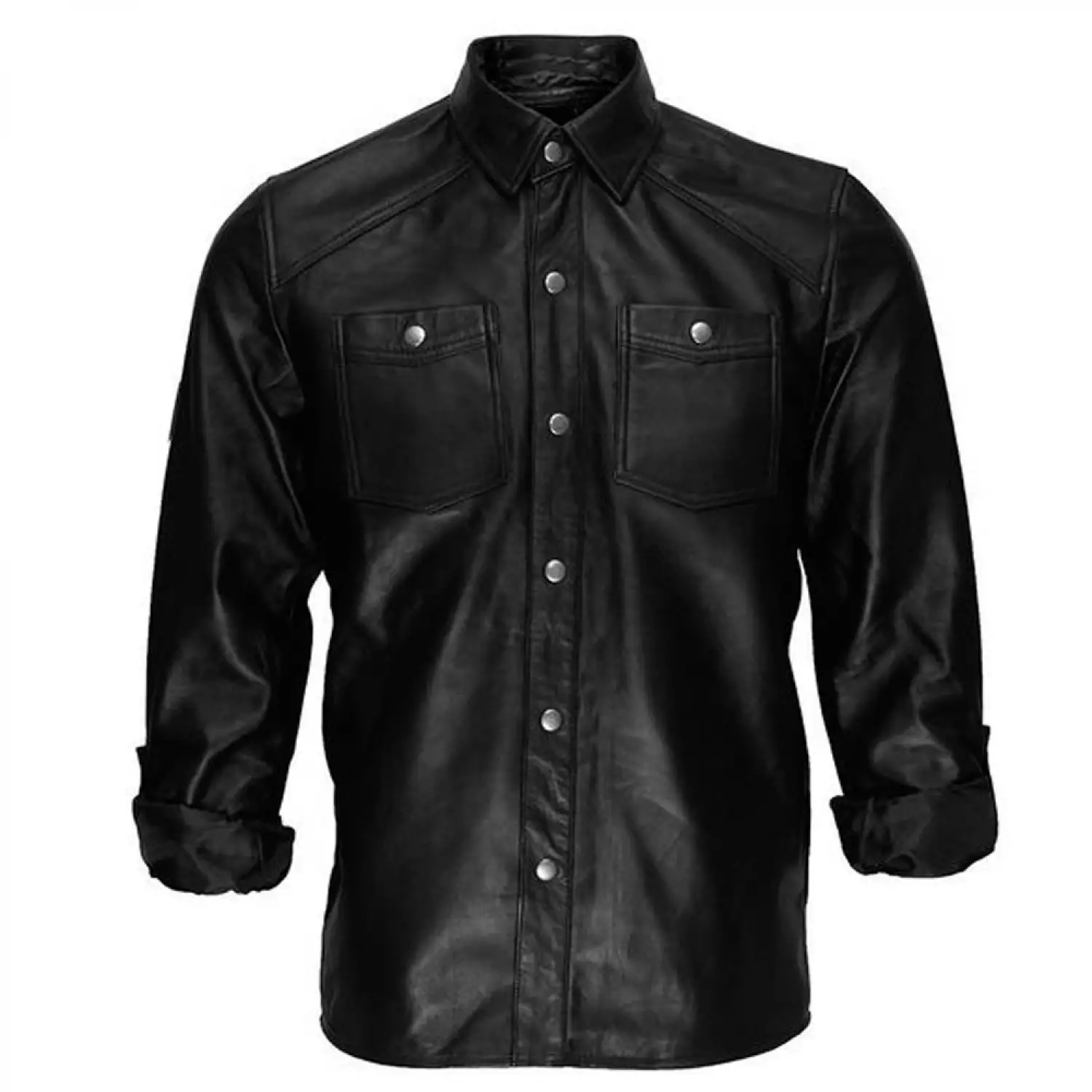 Men's black leather military shirt with shoulder epaulettes and chest pockets