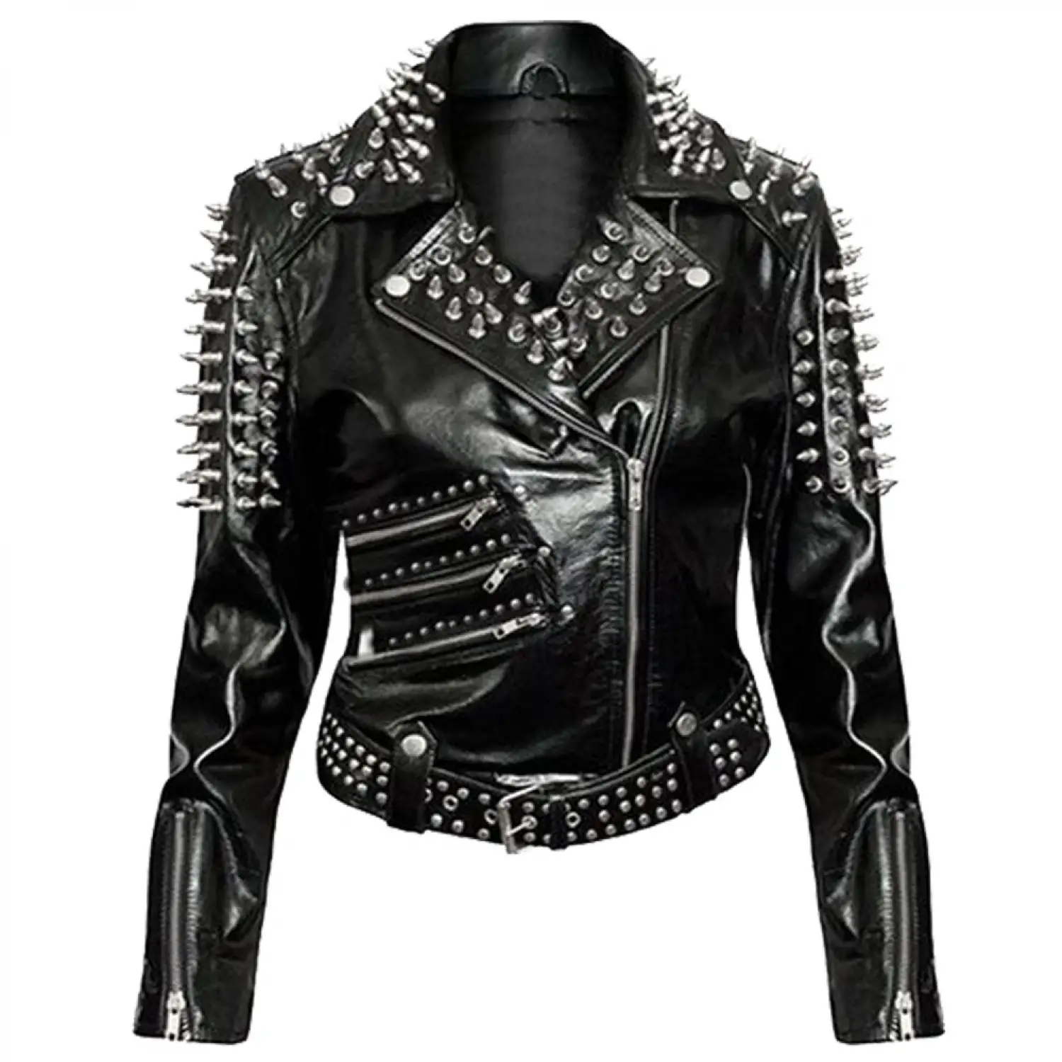Spikes Studded Genuine Black Leather Motorcycle Jacket Women