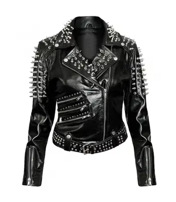Spikes Studded Genuine Black Leather Motorcycle Jacket Women