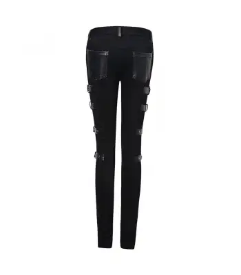Women Black Denim PVC Leather Gothic Pant | EMO Slim Fit Party Pants
