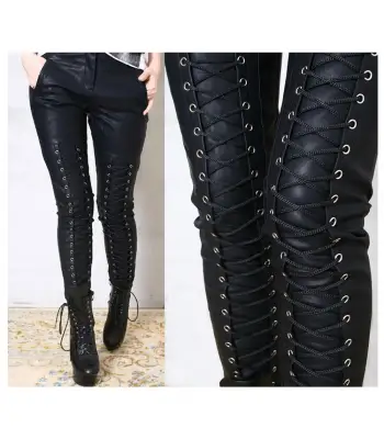 Women Punk Rock Biker Leather Pant | Gothic Slim Fit Black Laces Party Pant