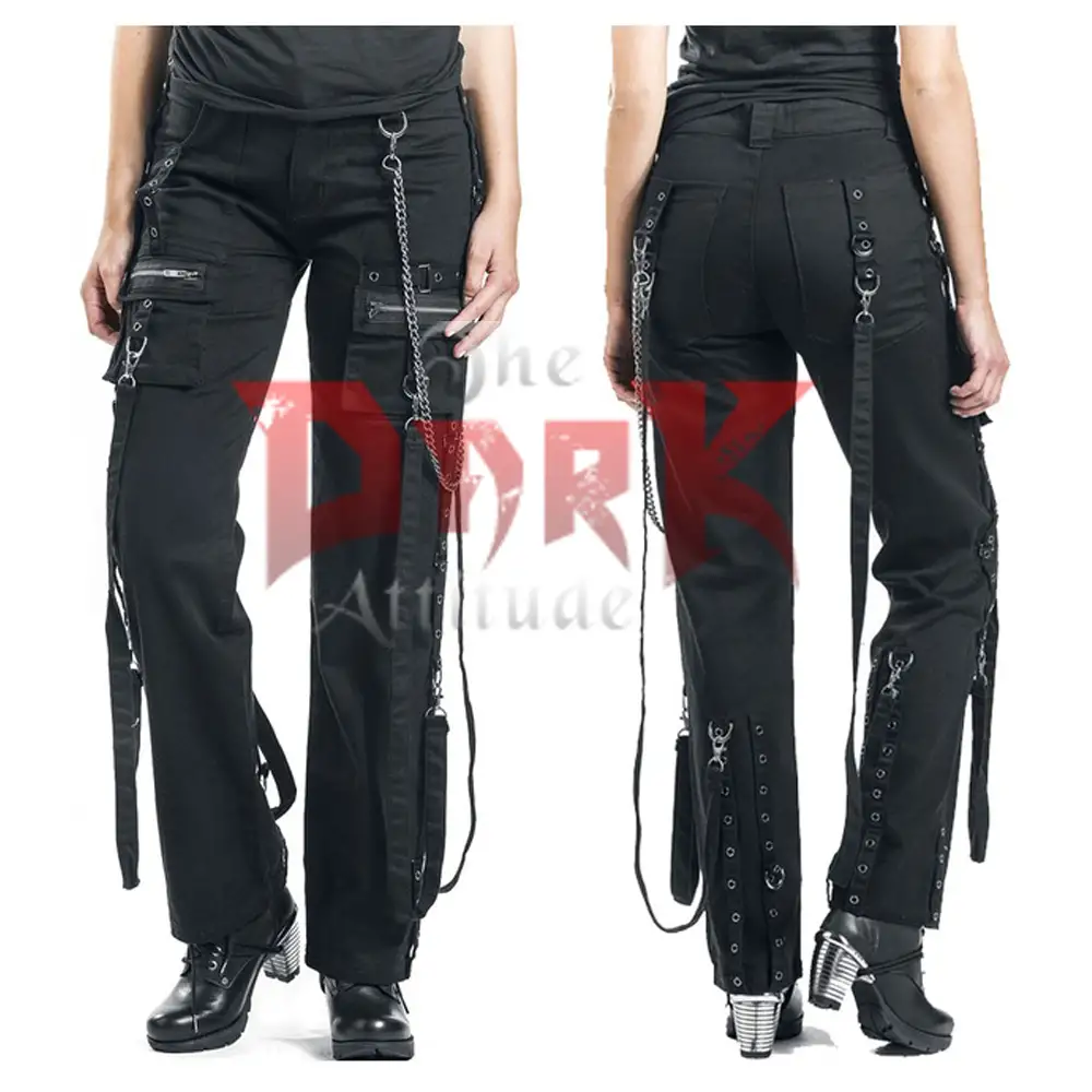 Women Chains Straps Slim Fit Gothic Pant | Black EMO Disco Party Pant