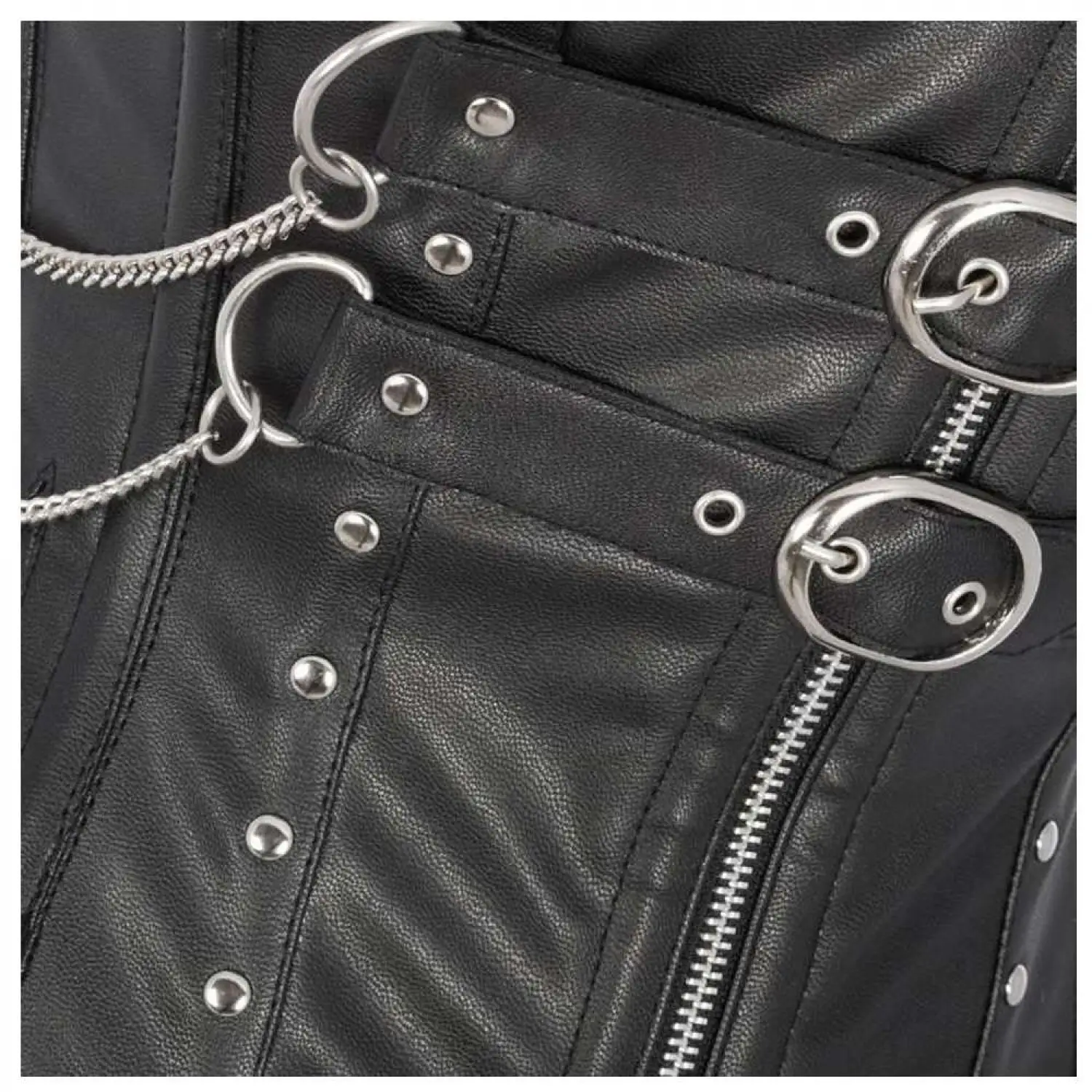 Gothic Buckle Straps Overbust Corset: Real Black Leather Lace-Up Corset