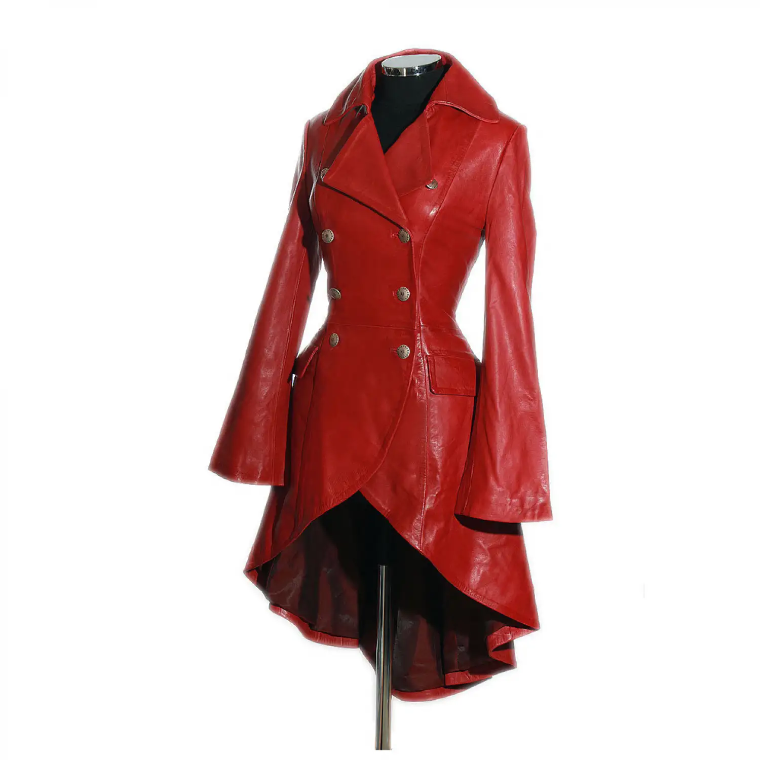 Double Breast Genuine Red Leather Military Coat | Plus Size Victorian Coat