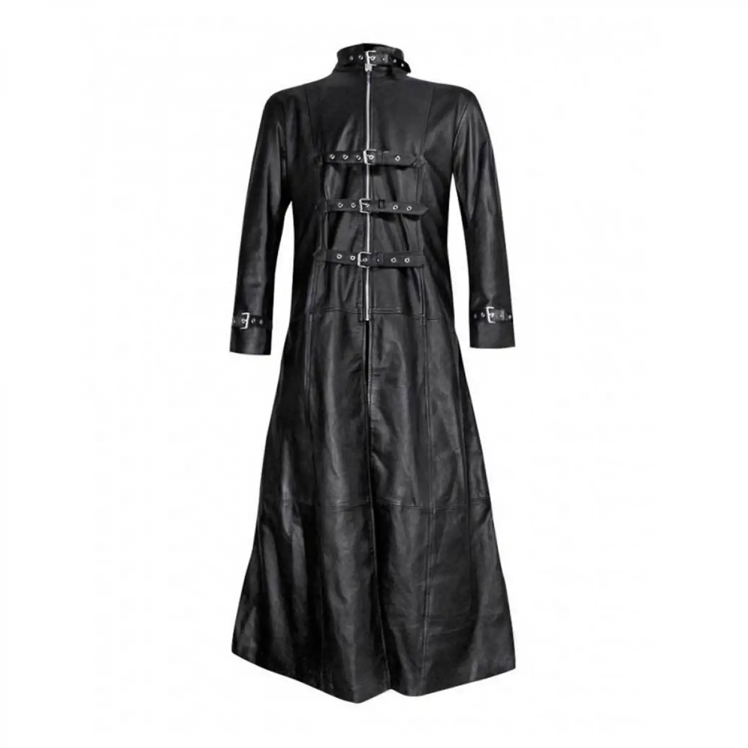 Black Genuine Leather Bondage Long Coat Men Buckle Fastenings Gothic Coat