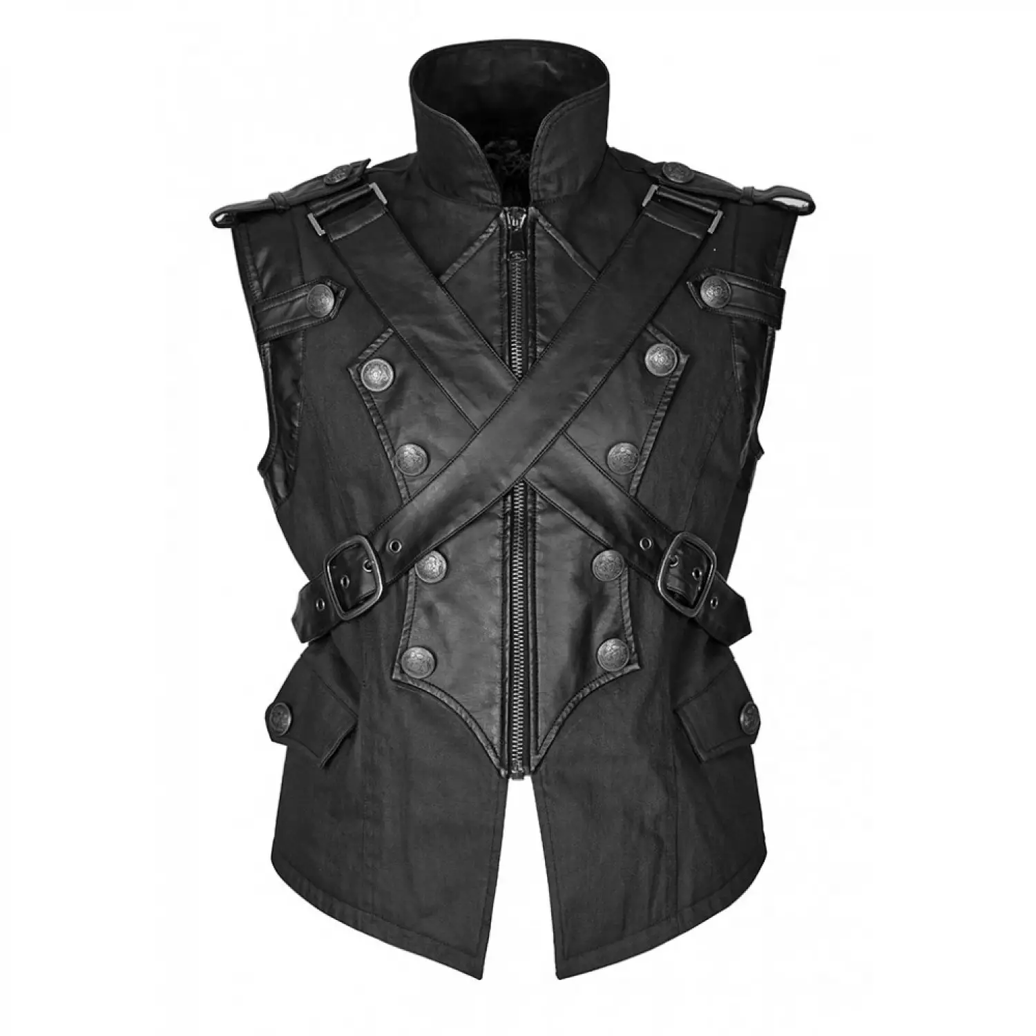Dieselpunk Black Military Vest Goth Army Leather Waistcoat