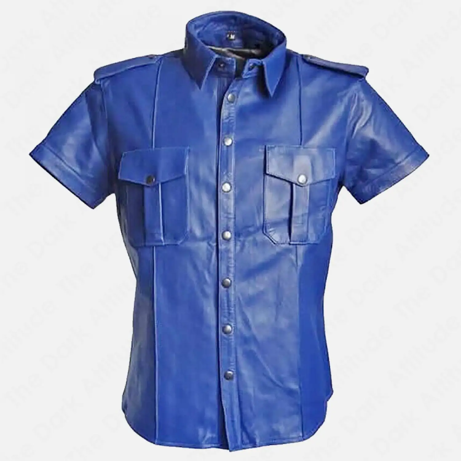 Short Sleeves Leather Shirt: Gay Police Bouncers Shirt | Black-Blue