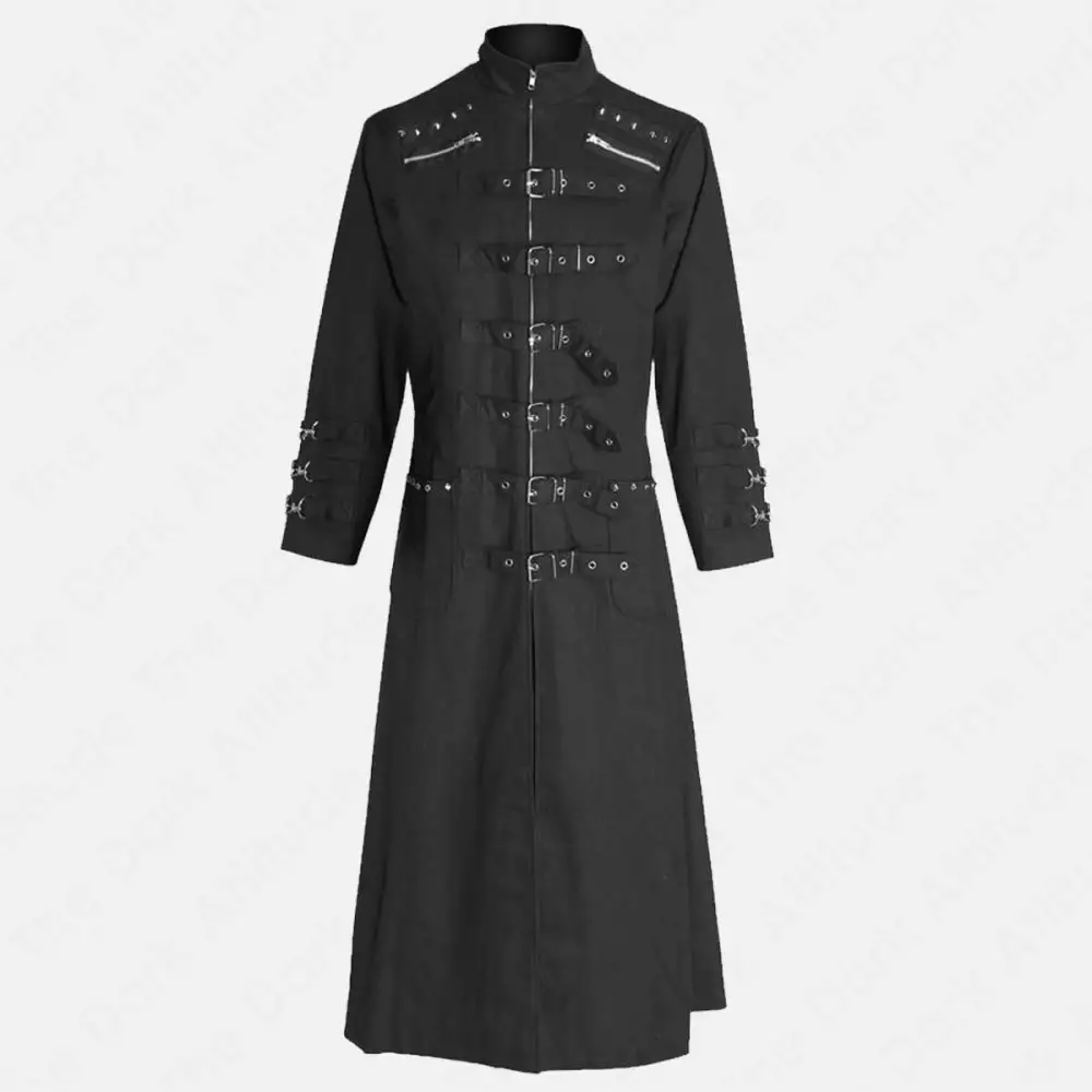 Gothic Trench Long Zipper Coat | Men Full Length Rivets Straps Black Coat