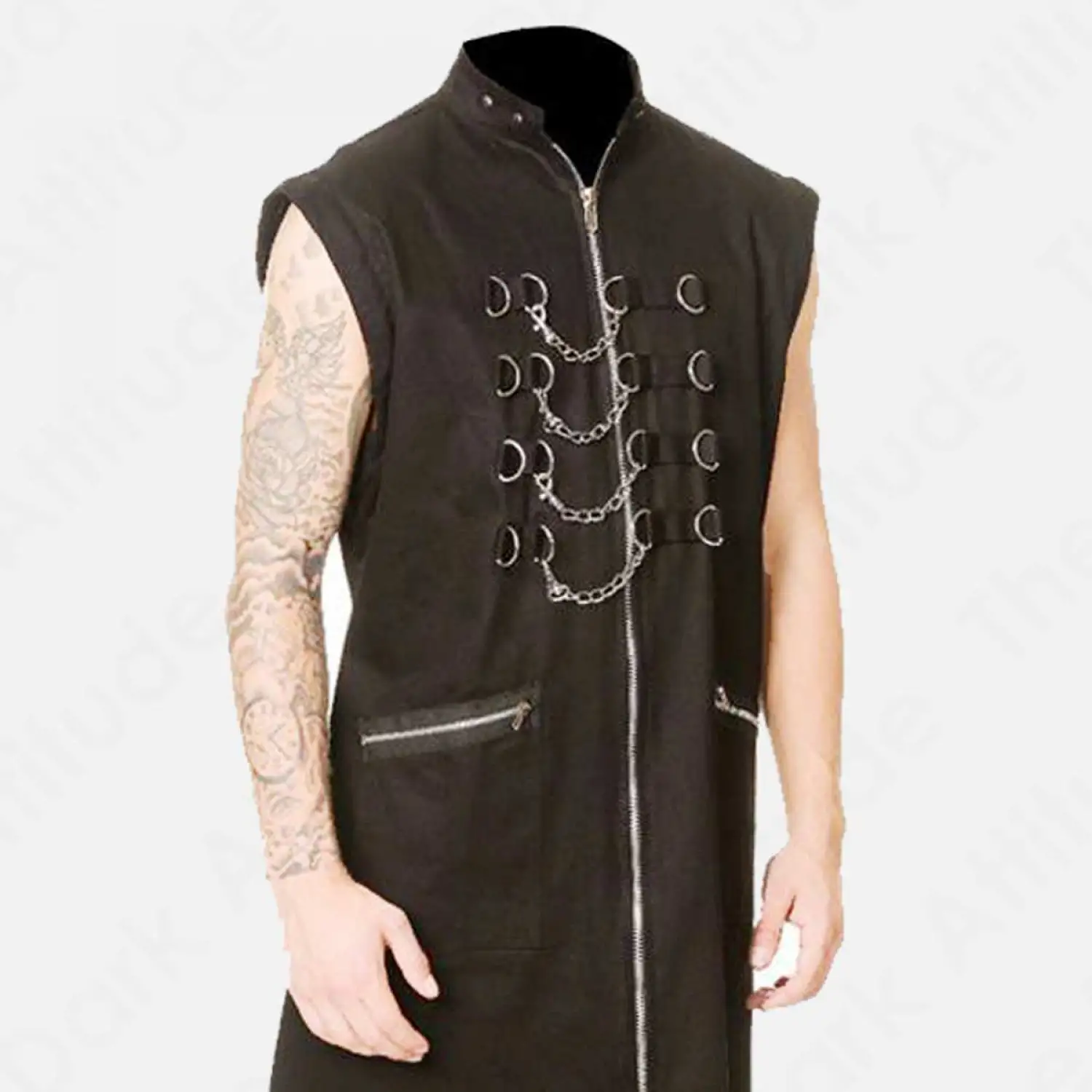 Hellraiser Pinhead Chains Zipper Long Coat | Punk Gothic Full Length Black Men Coat