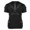 Men’s gothic punk leather bondage harness shirt featuring adjustable silver buckles and cross straps