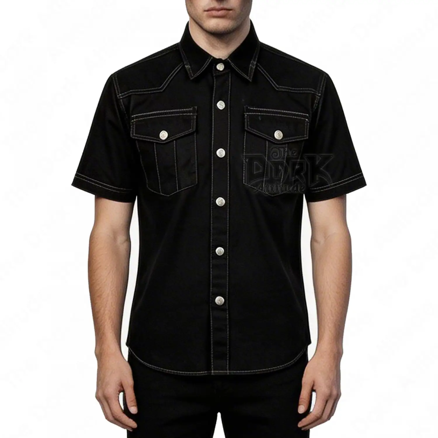 Casual black gothic military shirt with white contrast stitching and silver snaps