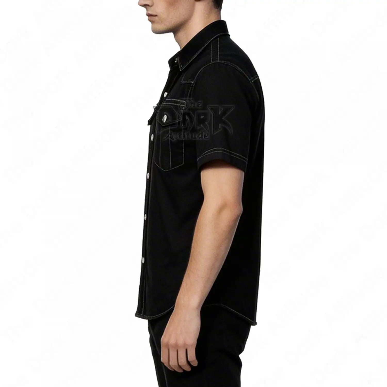 Casual black gothic military shirt with white contrast stitching and silver snaps
