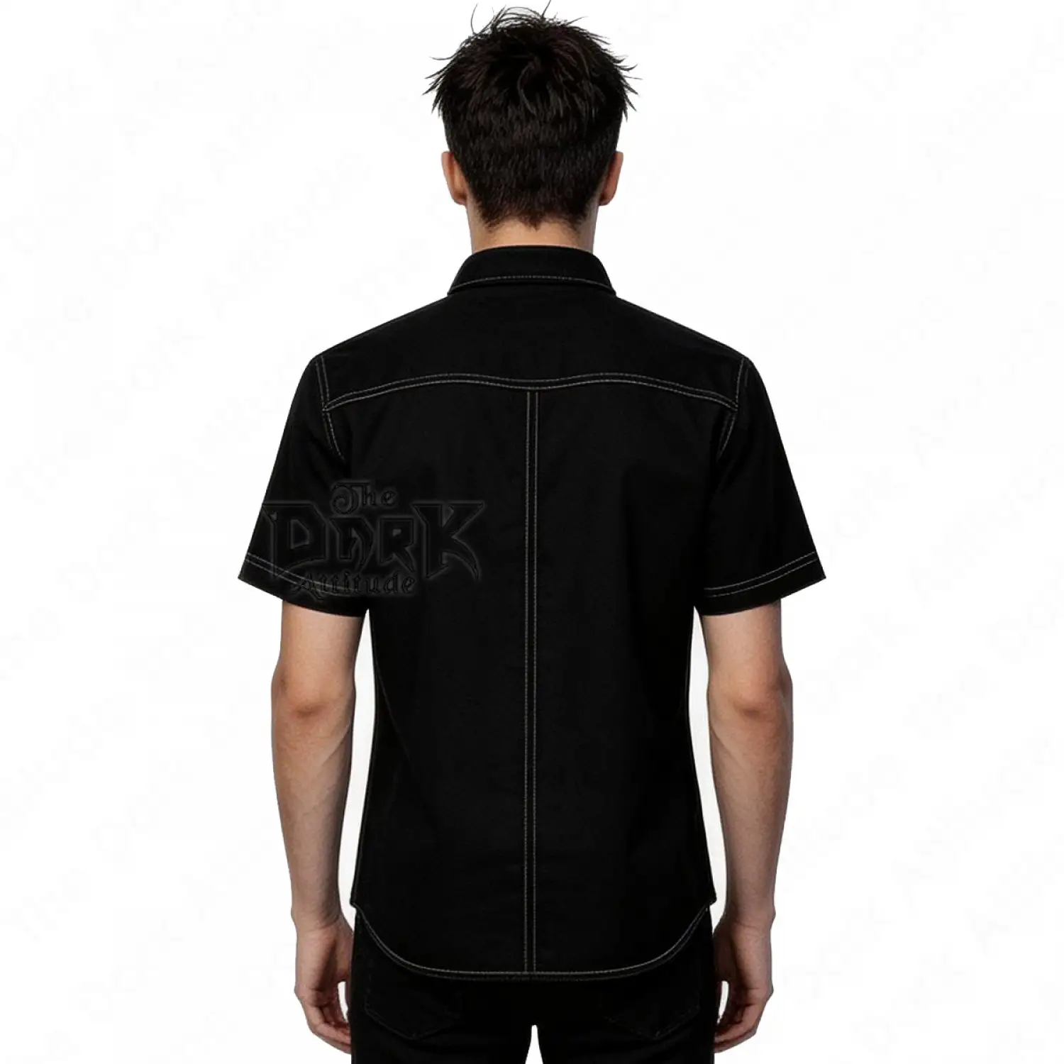 Casual black gothic military shirt with white contrast stitching and silver snaps