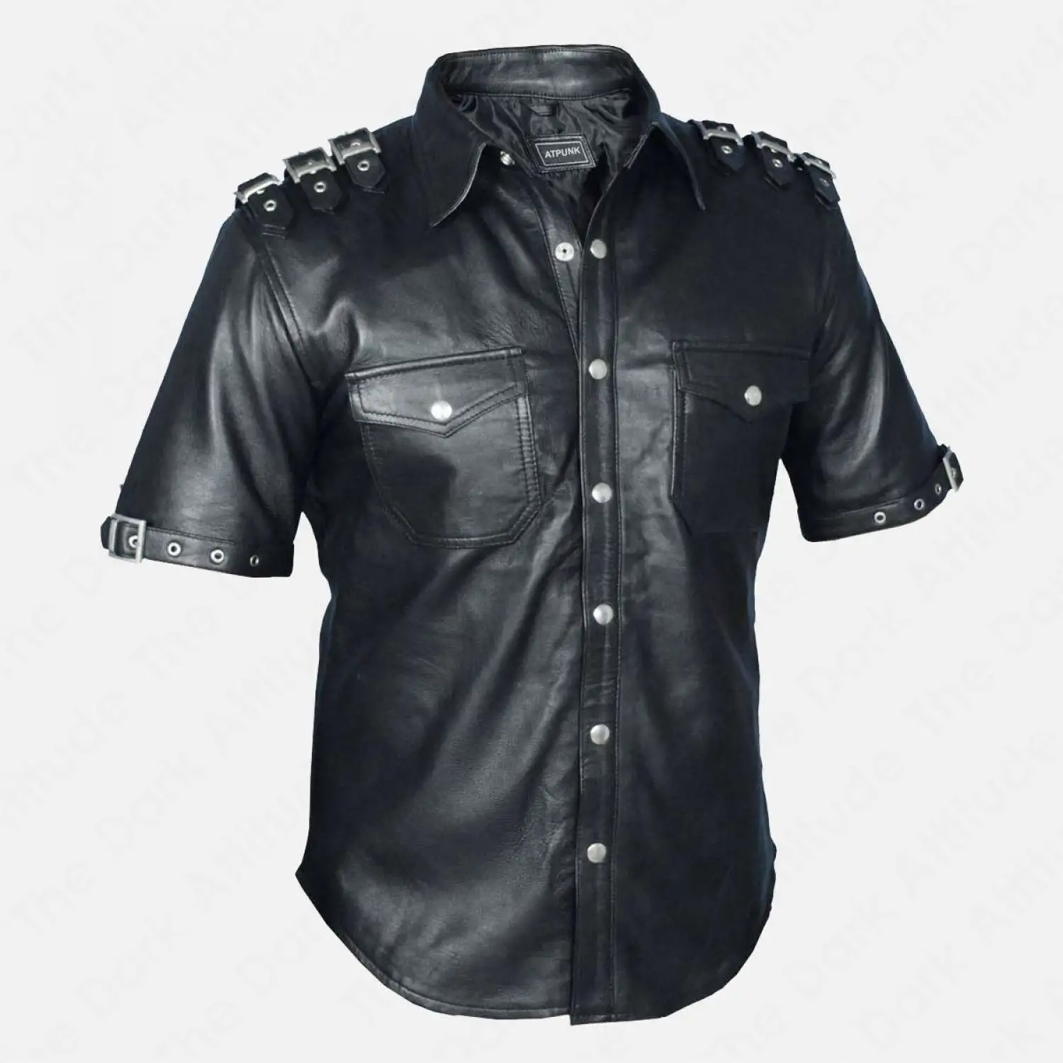 Short-sleeve black faux leather Gothic shirt with buckle details on the shoulders