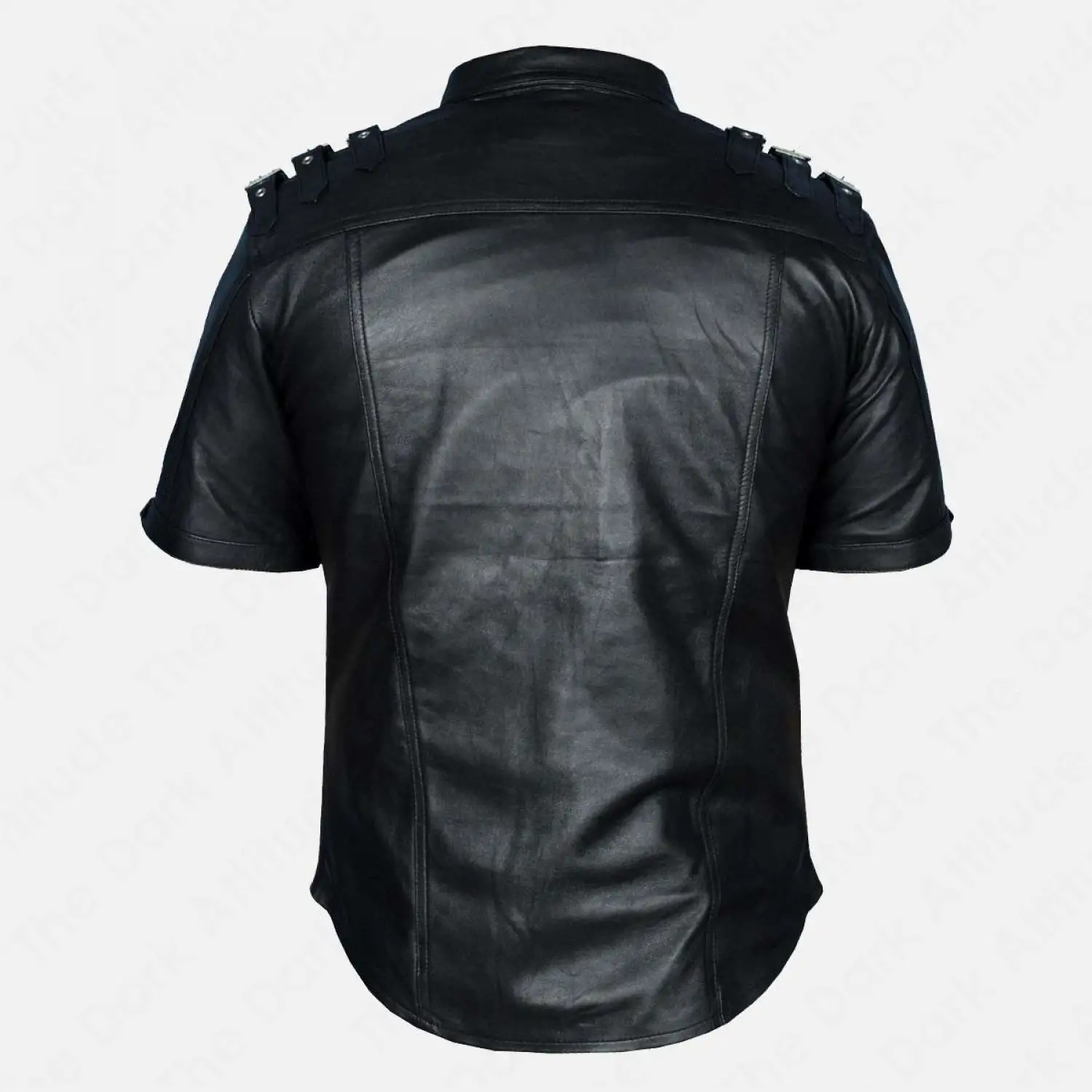 Short-sleeve black faux leather Gothic shirt with buckle details on the shoulders