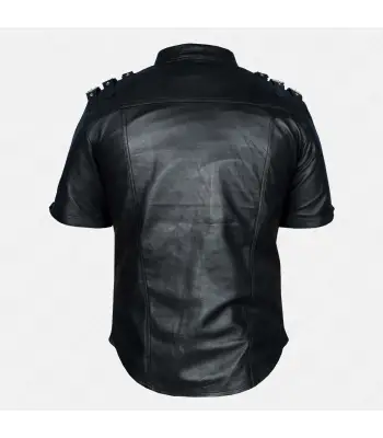 Men Gothic Black Leather Shirt Punk Bondage Half Sleeve Shirt
