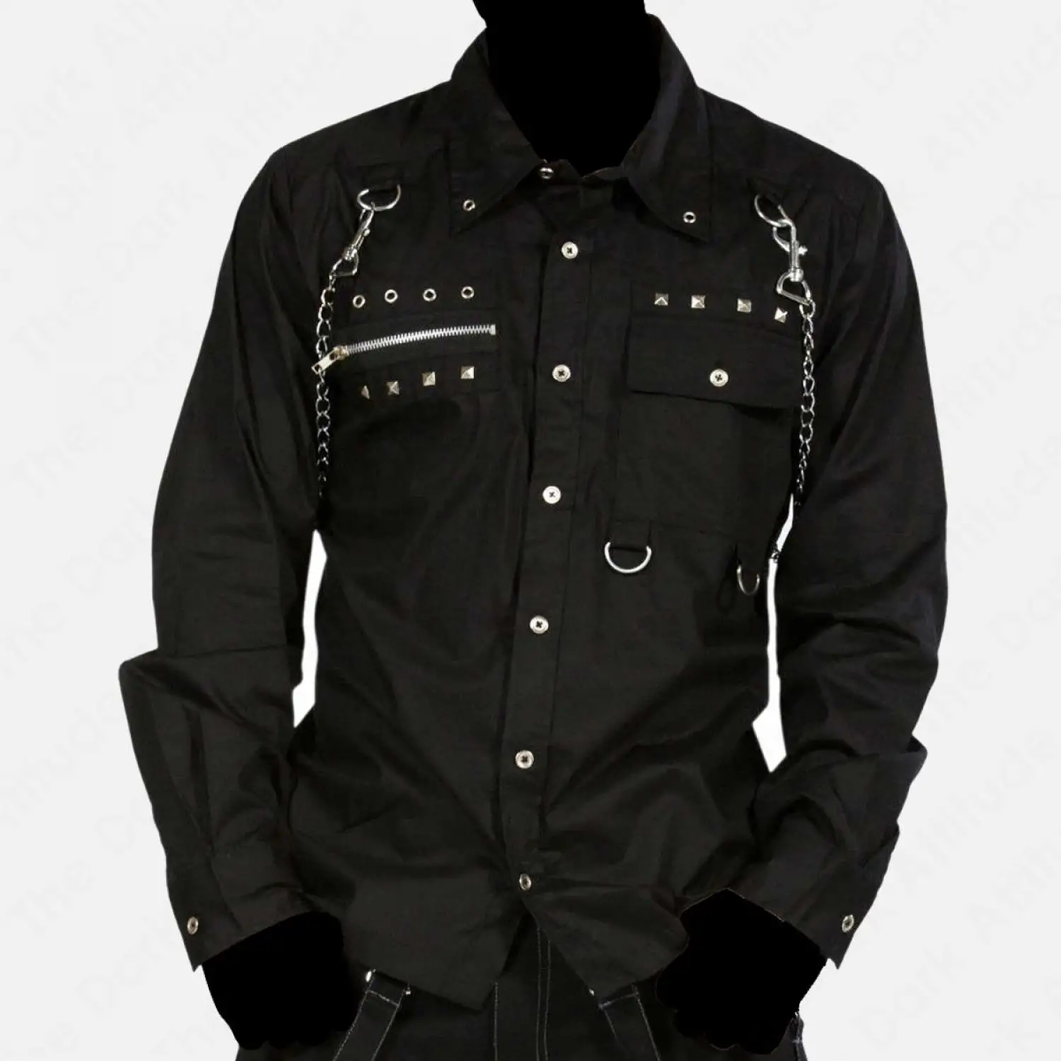 Men’s black gothic punk shirt with silver studs and chains long sleeve button-up