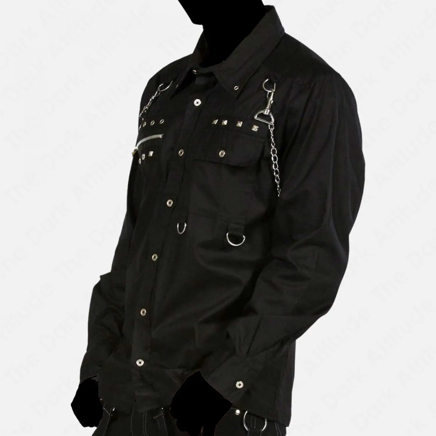 Men’s black gothic punk shirt with silver studs and chains long sleeve button-up
