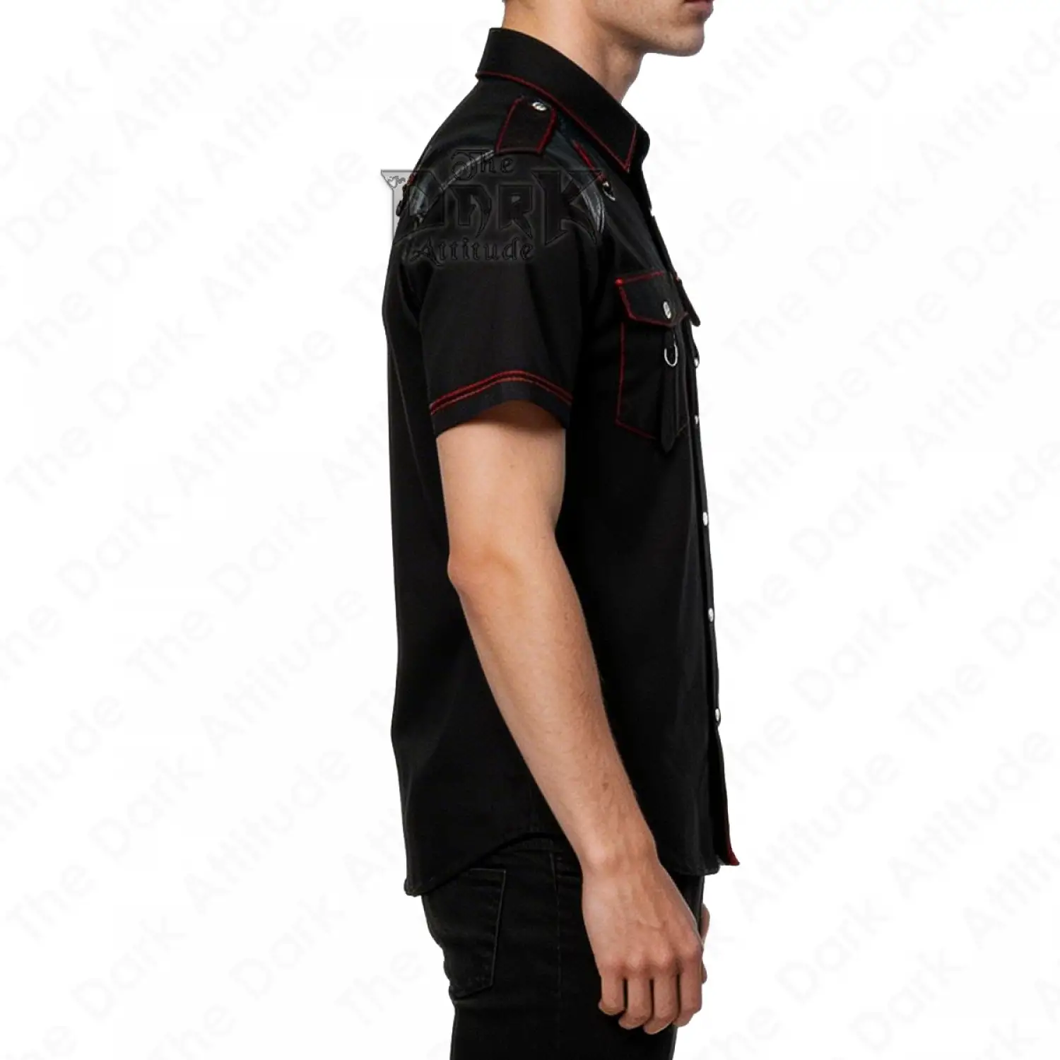 Men’s Gothic leather panel shirt with red contrast stitching