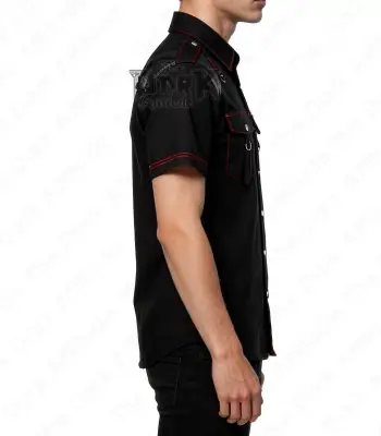 Gothic Leather Panel Shirt with Red Stitching