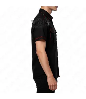 Gothic Leather Panel Shirt with Red Stitching