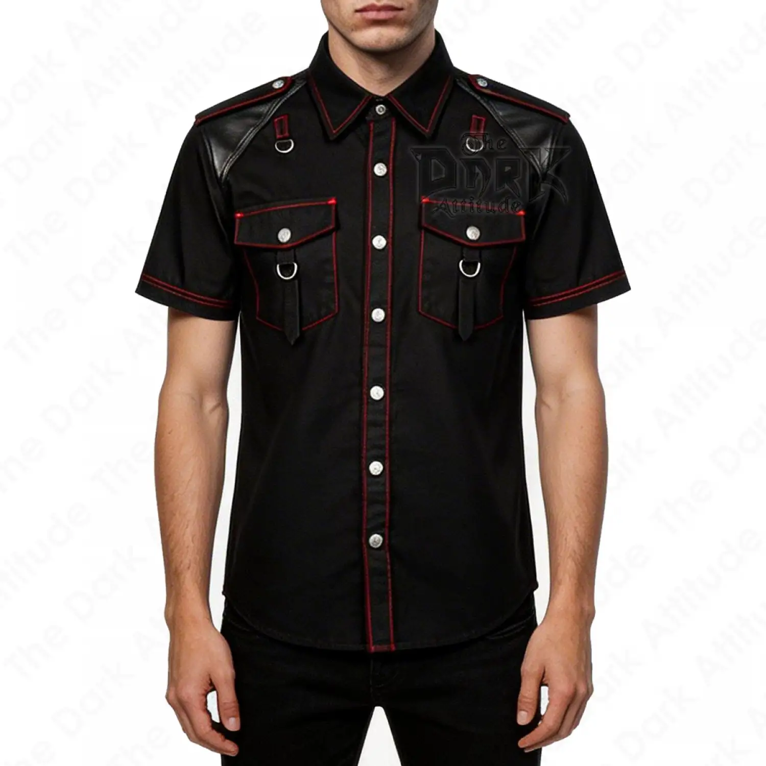 Men’s Gothic leather panel shirt with red contrast stitching