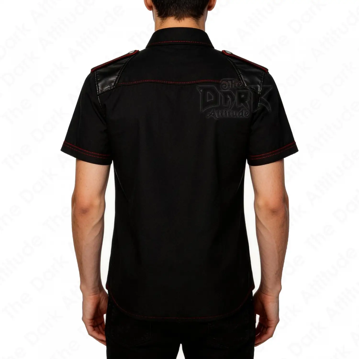 Men’s Gothic leather panel shirt with red contrast stitching