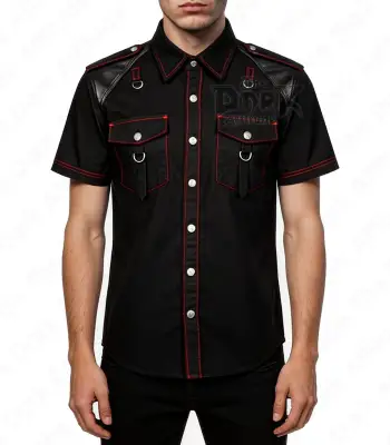 Gothic Leather Panel Shirt with Red Stitching