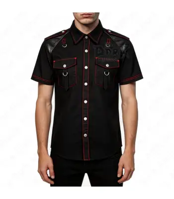 Gothic Leather Panel Shirt with Red Stitching